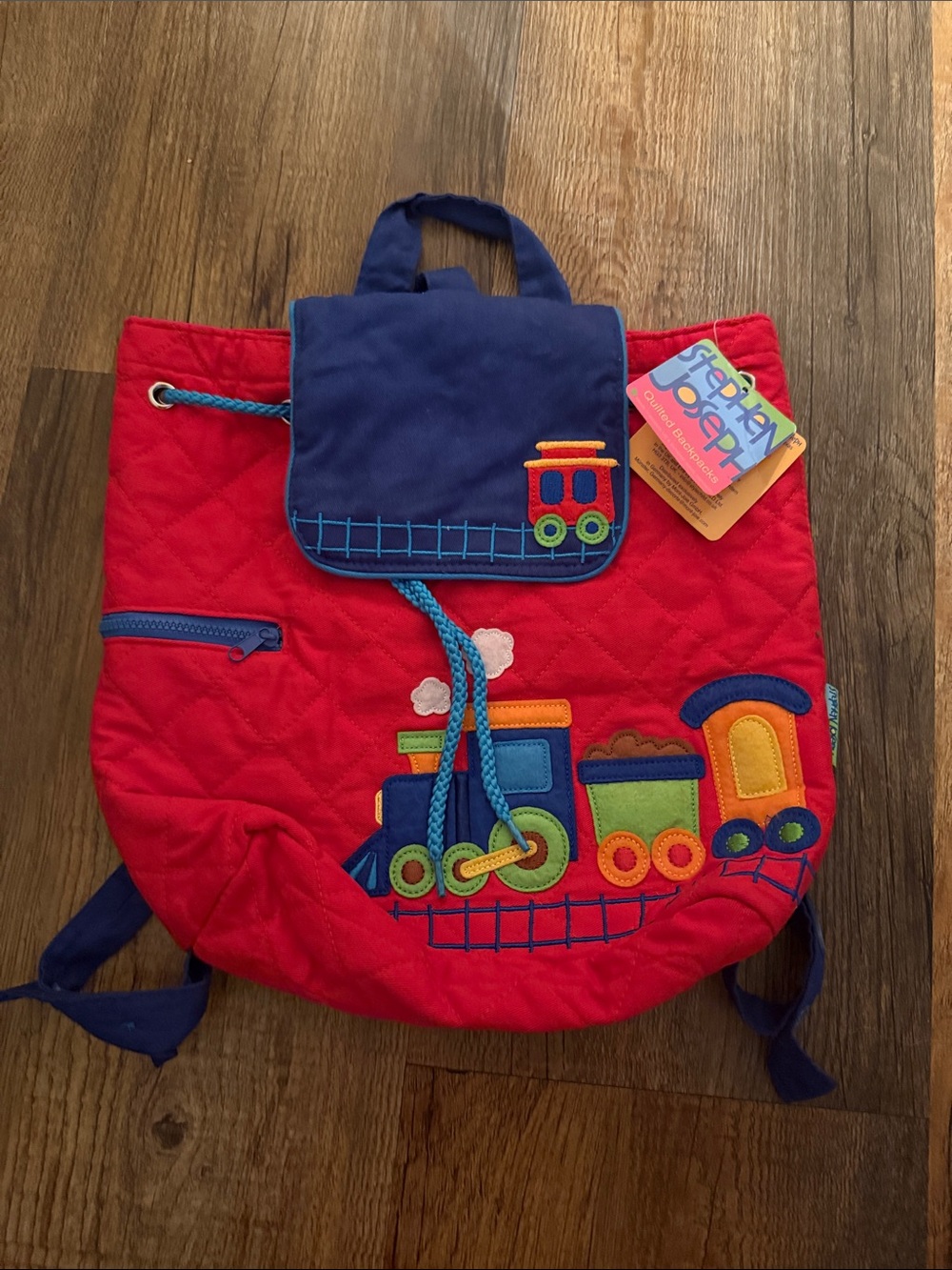 Red Quilted Kids Backpack with Train Appliqué